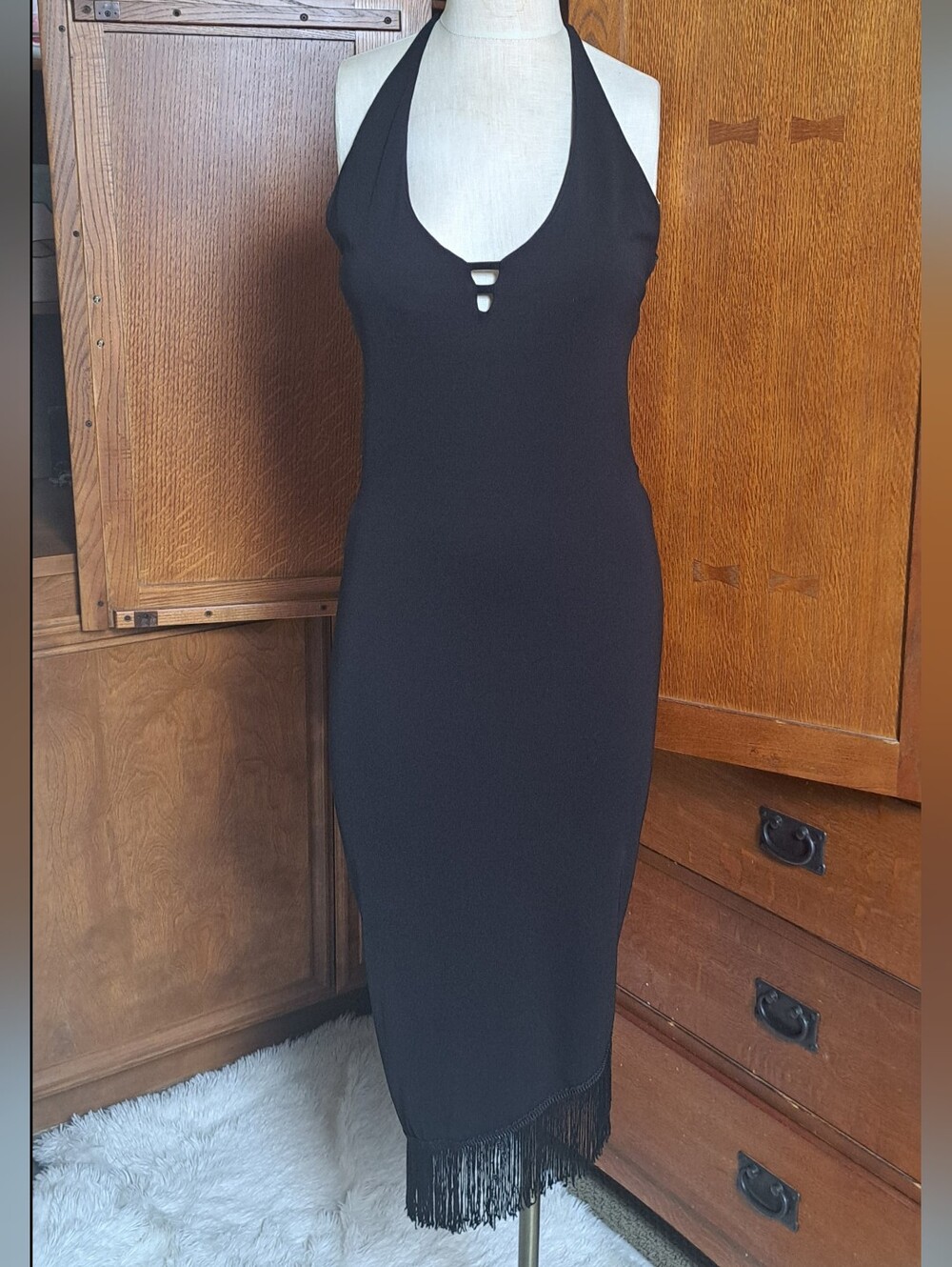 Vintage Y2K Bebe Black Halter Open Back Fringe Midi Dress Medium